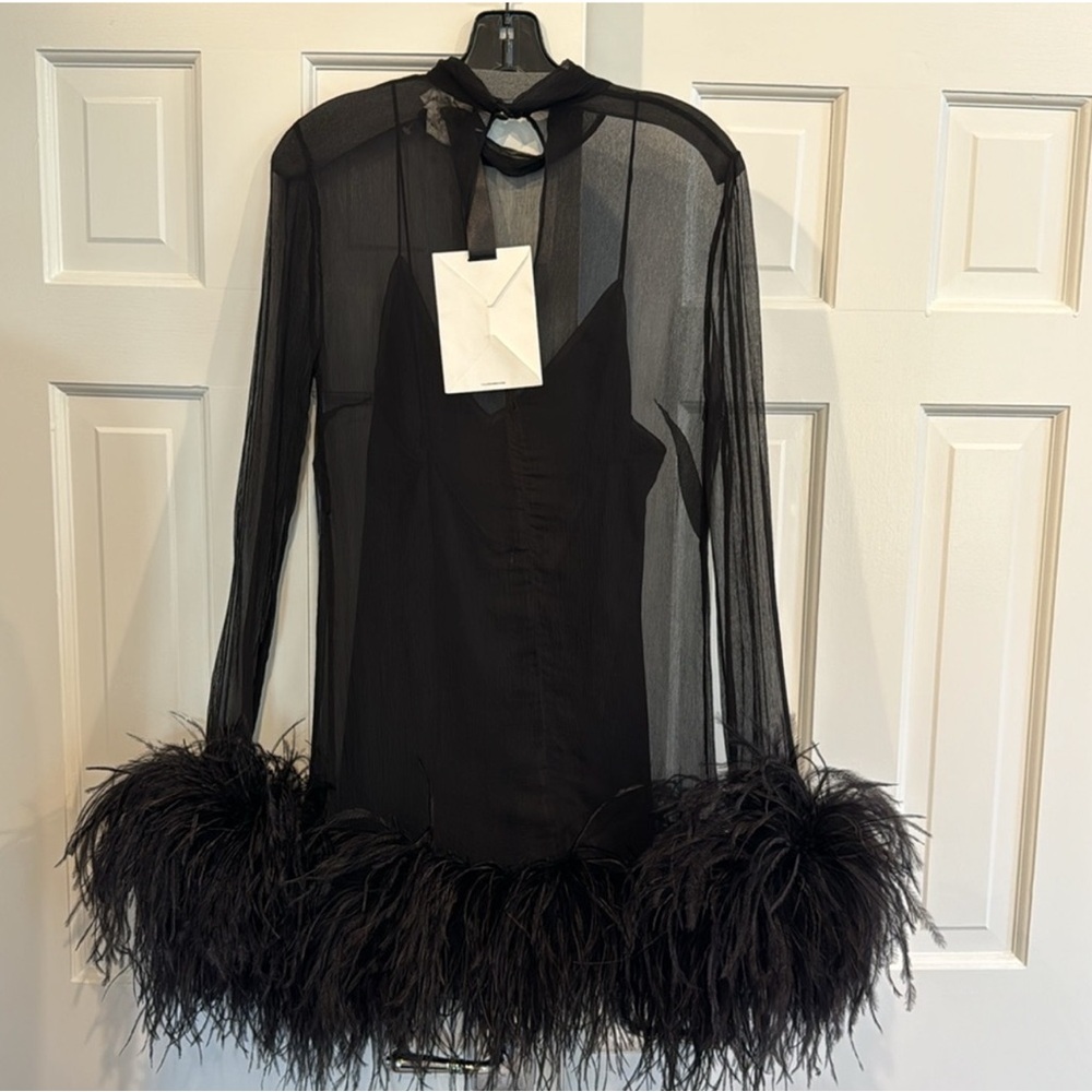 Taller Marmo Gina Black Sheer Feather Trim Mini Dress - Picture 6 of 9